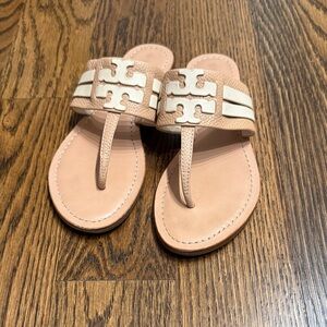 Tory Burch Blush Leather Miller Thong Sandals with Cream Logo Accent